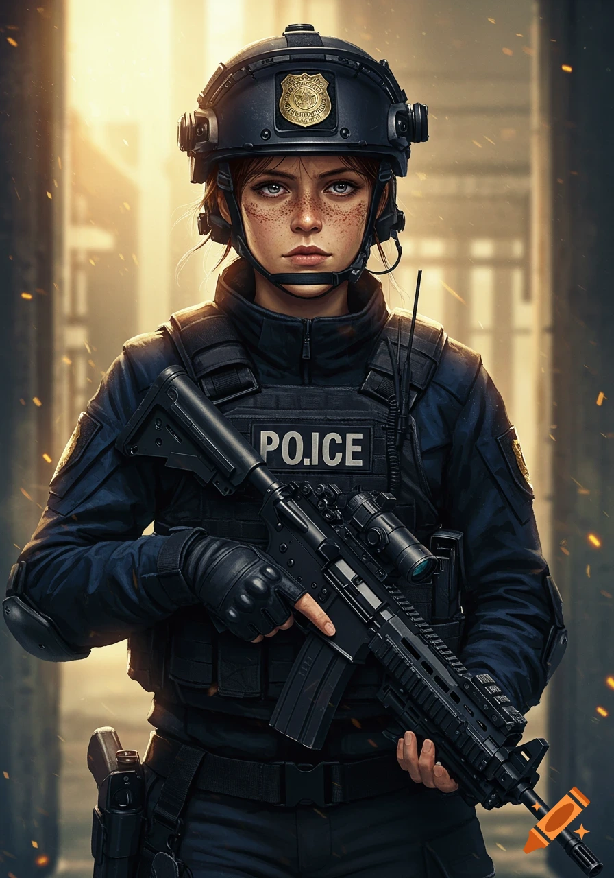 A photorealistic depiction of a young woman with freckles in a dark police SWAT uniform and helmet, holding an assault rifle.