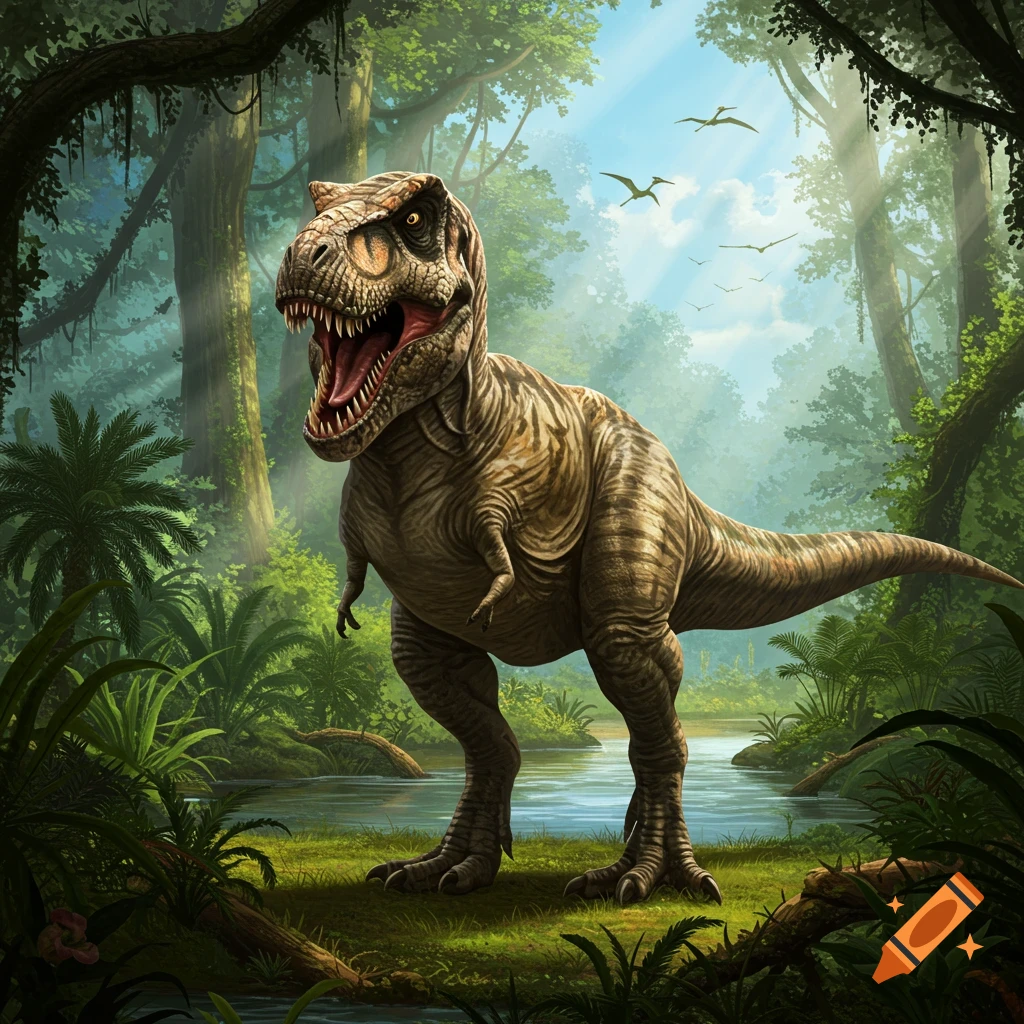 A powerful T-rex with its mouth open, roaring in a lush, green prehistoric jungle with a river and pterodactyls flying in the sunny sky.