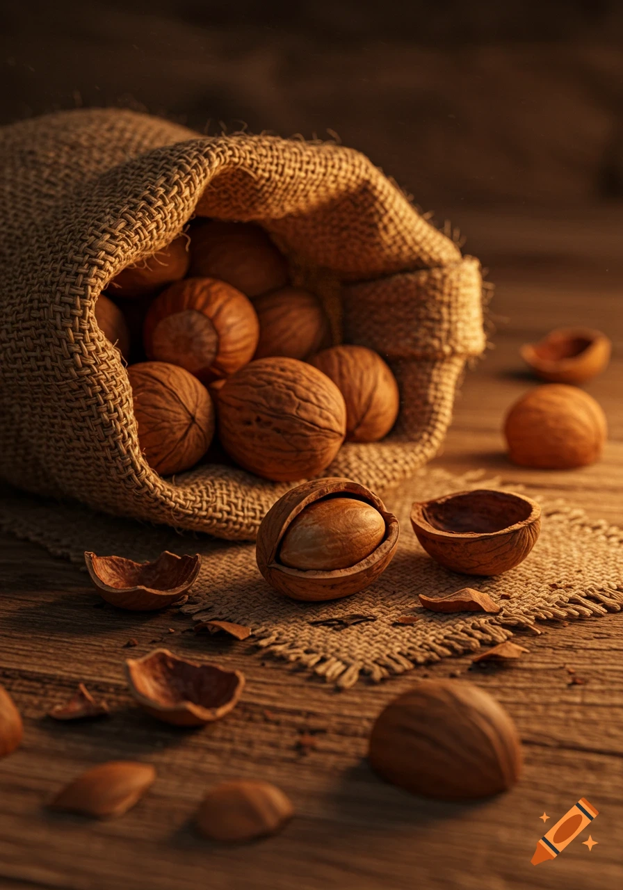 A close-up, warm-toned photorealistic image of a burlap sack filled with walnuts, spilling onto a wooden surface. One walnut is cracked open, revealing its kernel, surrounded by shell fragments.