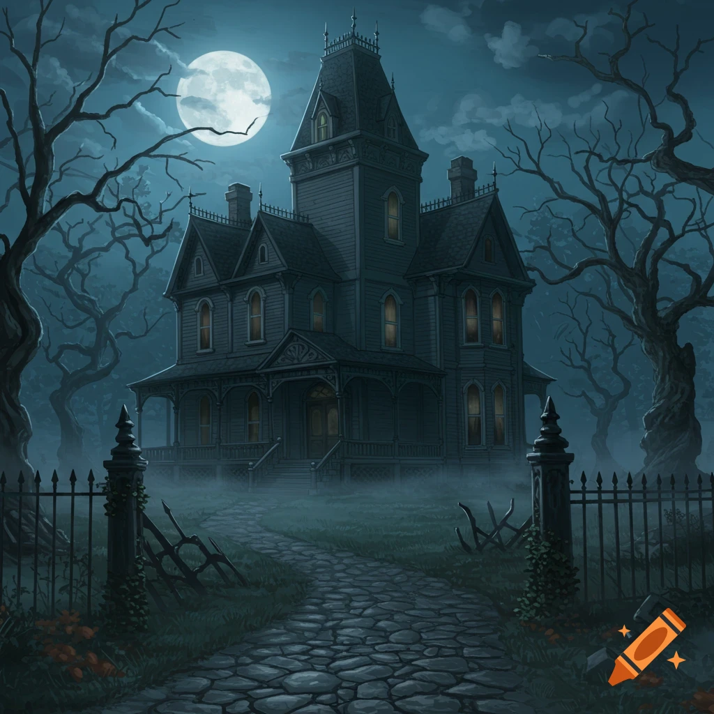 A spooky Victorian haunted house under a full moon at night, surrounded by bare, gnarled trees and a broken fence.