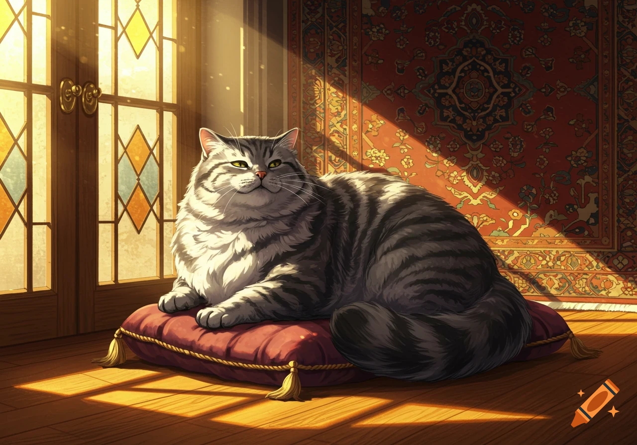 A fluffy tabby cat with green eyes sits on a red pillow by a sunlit stained-glass window with an ornate rug.