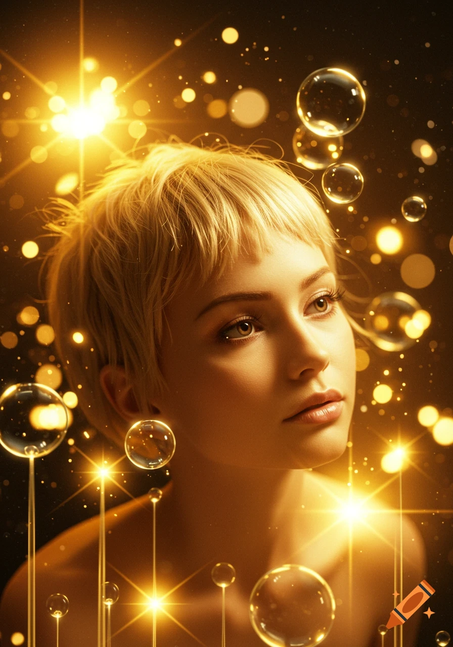 A woman with short blonde hair looks up amidst shimmering golden lights and floating bubbles.
