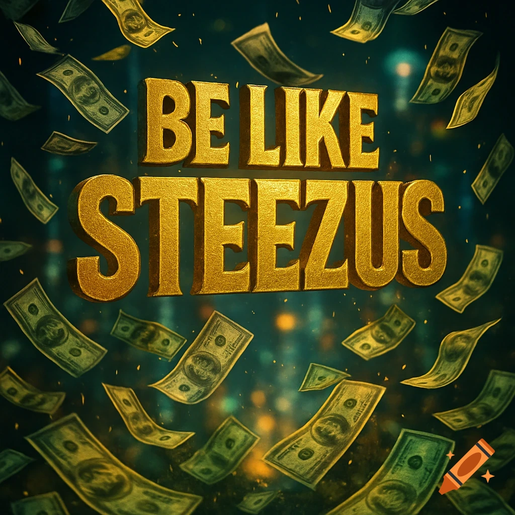 Golden 3D text 'BE LIKE STEEZUS' surrounded by falling dollar bills with a blurry, dark background.