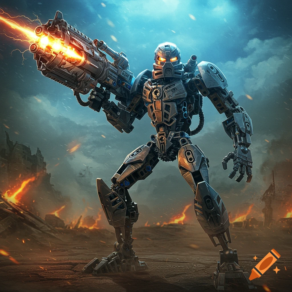 A metallic bionicle-like robot stands in a fiery apocalyptic landscape, firing a large energy gun into a stormy sky.