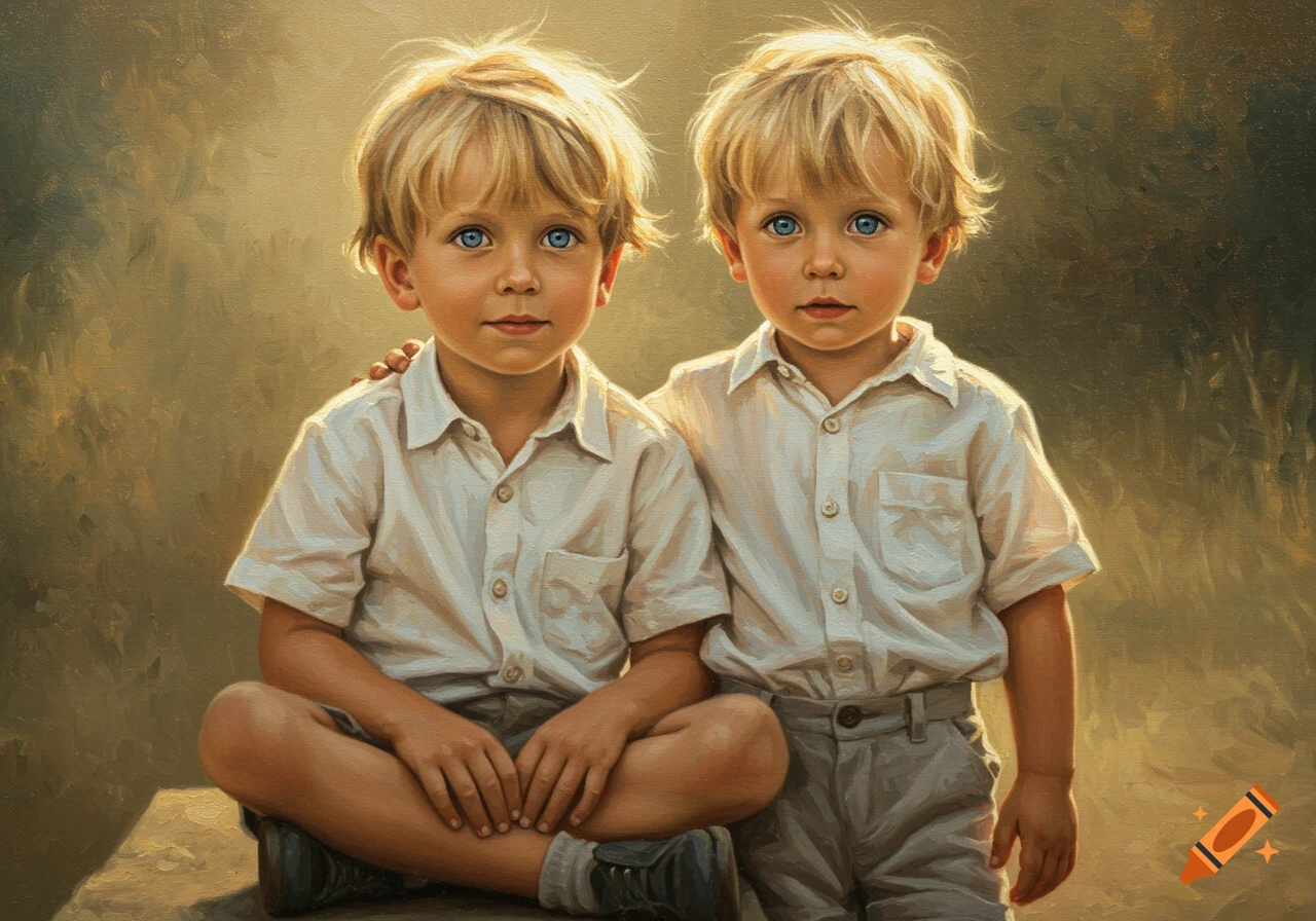 An oil portrait of two blond boys with blue eyes, one sitting cross-legged and one standing next to him, bathed in warm light.