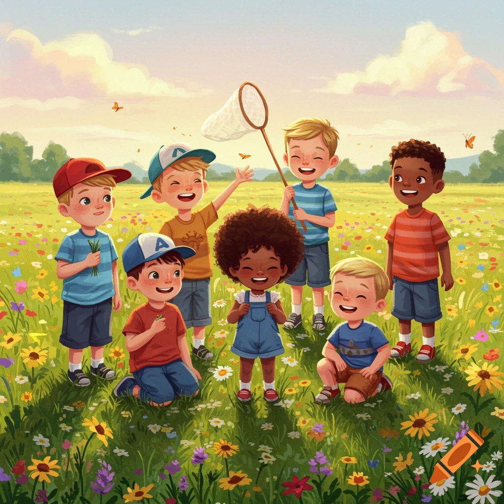 Seven diverse children play happily in a sunny meadow filled with wildflowers and butterflies; one holds a net. Vibrant illustration.
