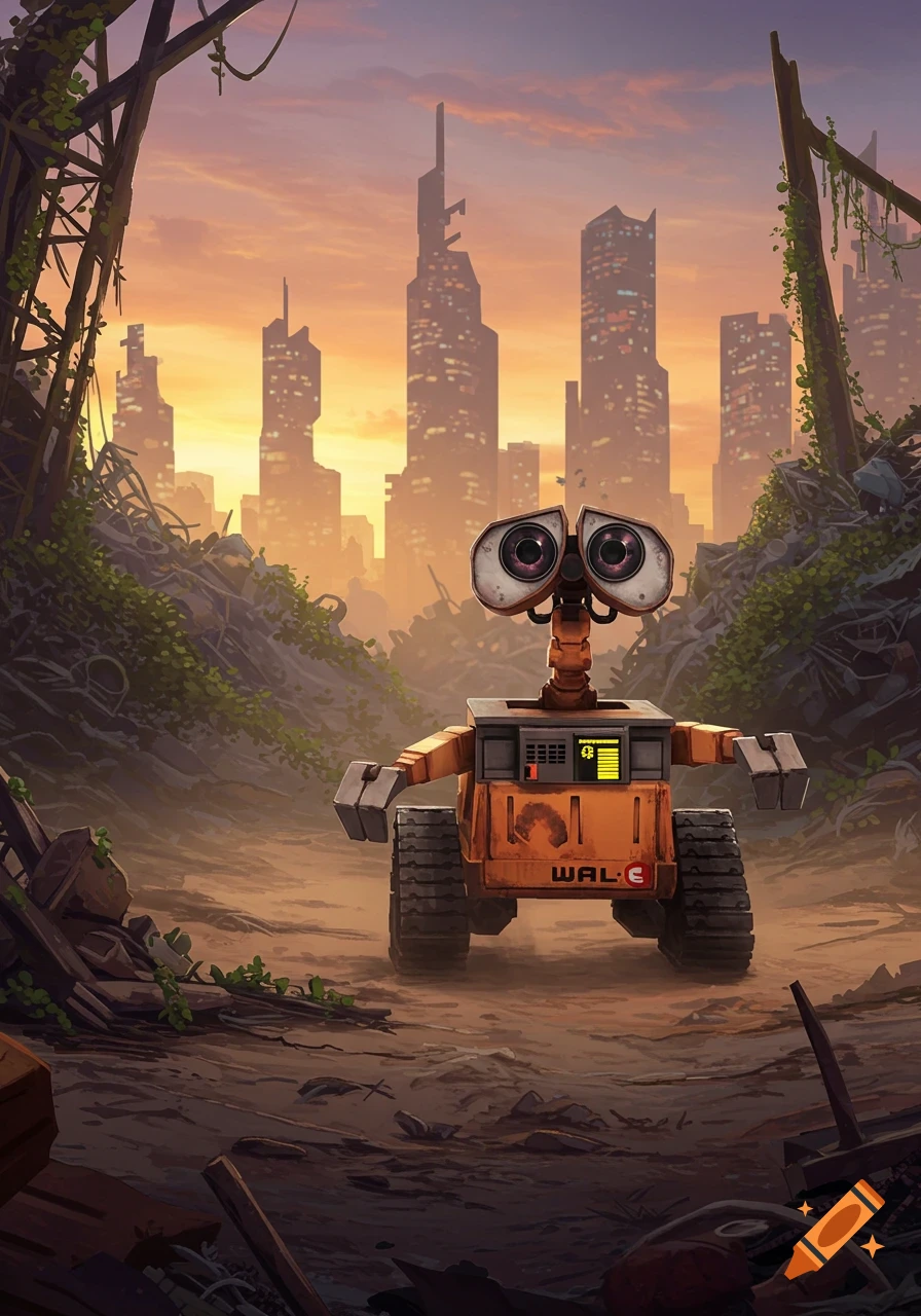 Small orange robot, resembling Wall-E, in a trash-filled cityscape at sunset, with distant skyscrapers.
