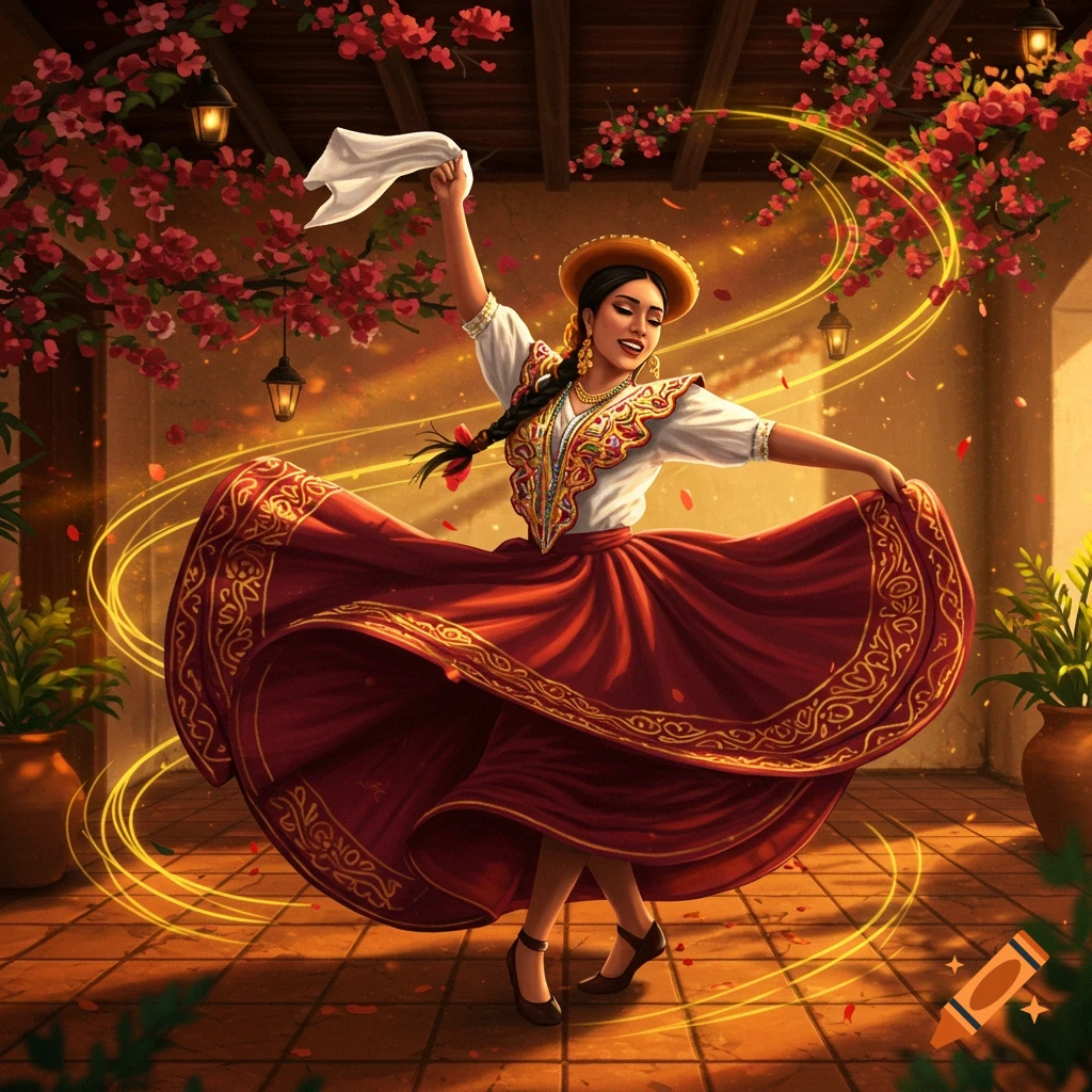 A woman in a red and white traditional Peruvian dress and hat dances, holding a white handkerchief, in a festive setting with red flowers.