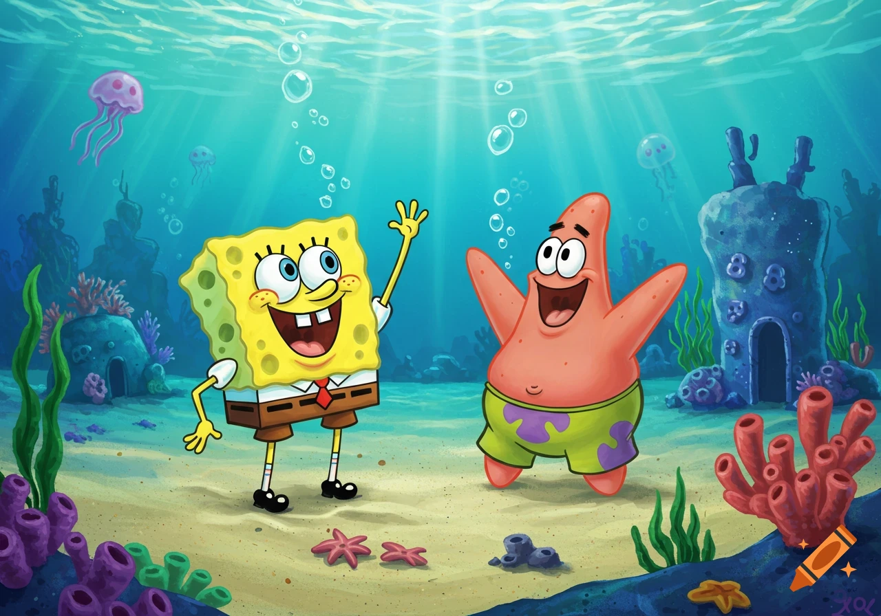 SpongeBob SquarePants and Patrick Star wave happily underwater with jellyfish and coral.