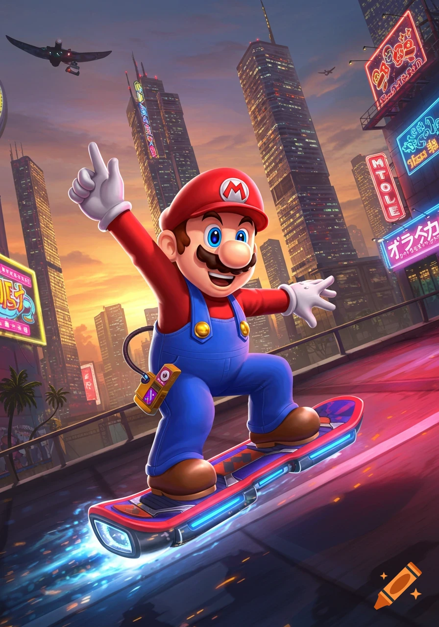 Mario rides a glowing hoverboard through a neon-lit futuristic city at sunset, pointing his finger upwards.