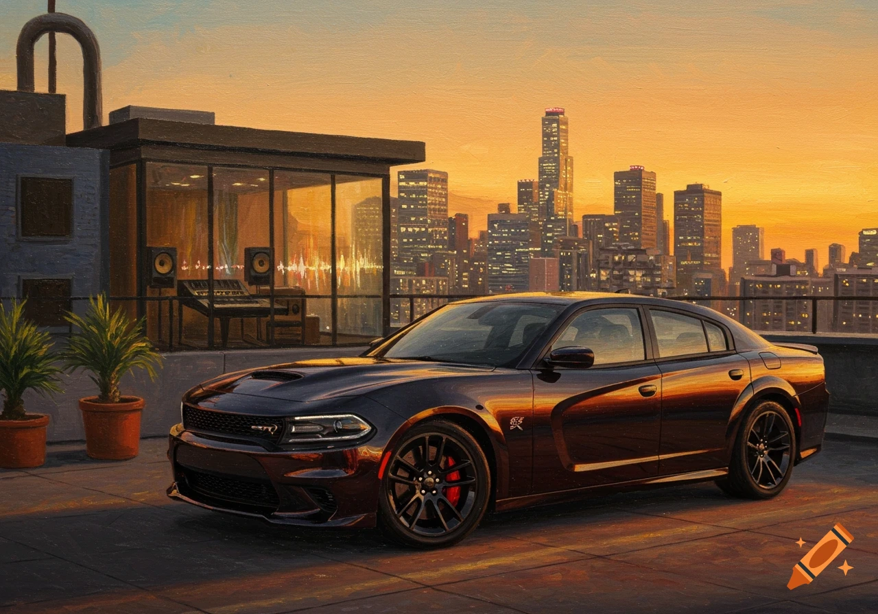An oil painting of a dark Hellcat Charger parked on a city rooftop at sunset, with a recording studio in the background and a vibrant city skyline.
