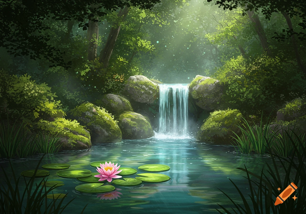 A serene forest pond with a small waterfall, vibrant green foliage, and a pink water lily on lily pads.