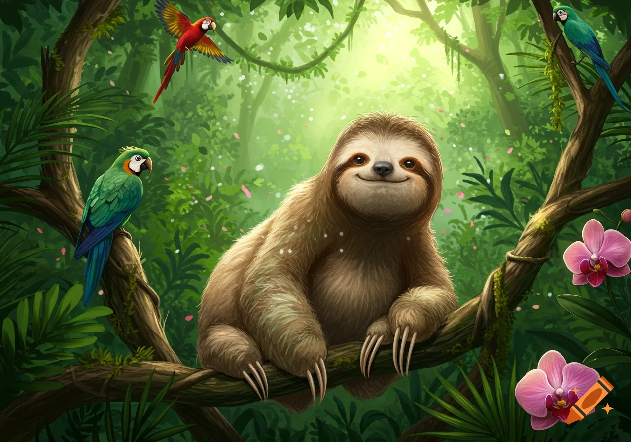A smiling sloth sits on a tree branch in a vibrant jungle, surrounded by colorful parrots and pink orchids.