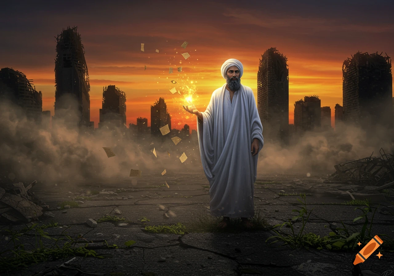 A man in a white turban and robes, with a beard, stands in a ruined city at sunset, holding a glowing orb with magical texts floating around it.