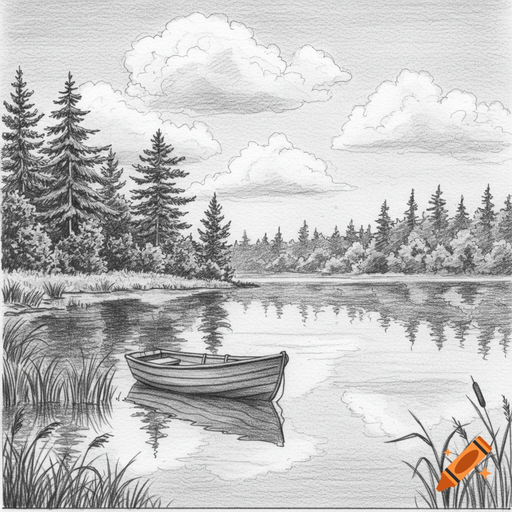 A black and white pencil sketch of a serene lake scene with a rowboat, pine trees, and clouds reflected in the water.