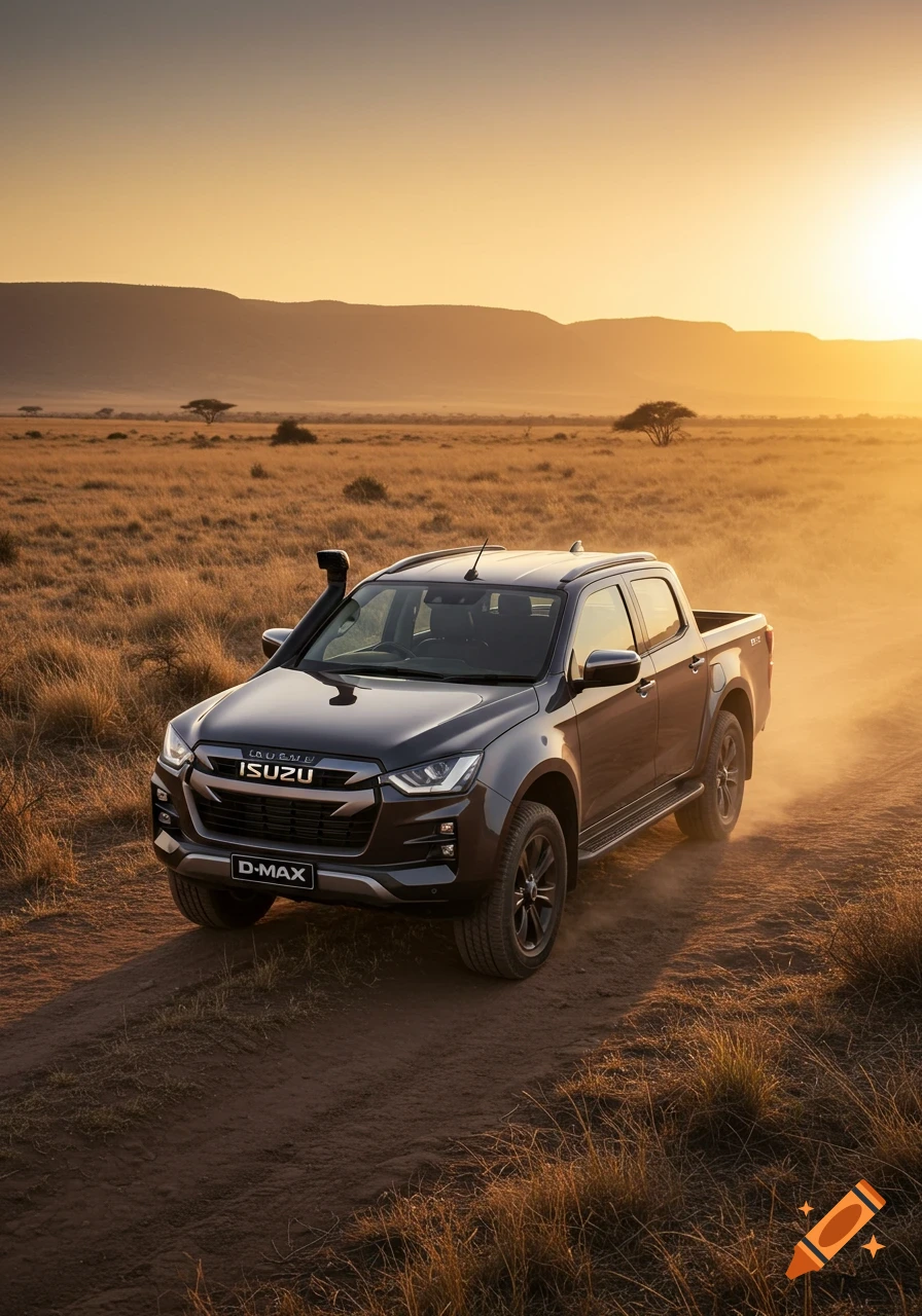 Dark grey Isuzu D-MAX pickup truck driving on a dirt road in a sunny, dry savanna landscape at sunset.