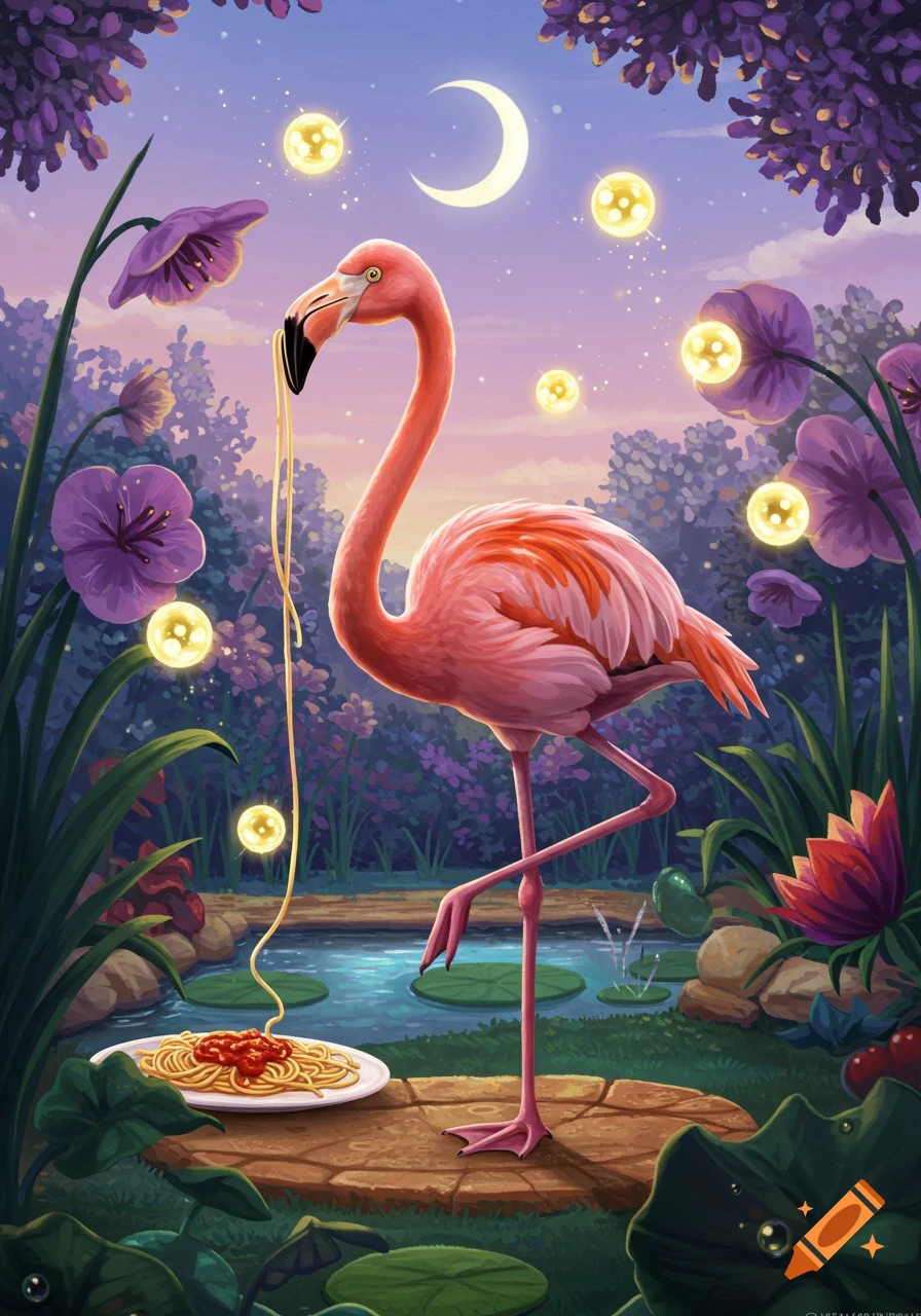 Whimsical illustration of a pink flamingo eating spaghetti in an enchanted garden at night, with a crescent moon and glowing lights.