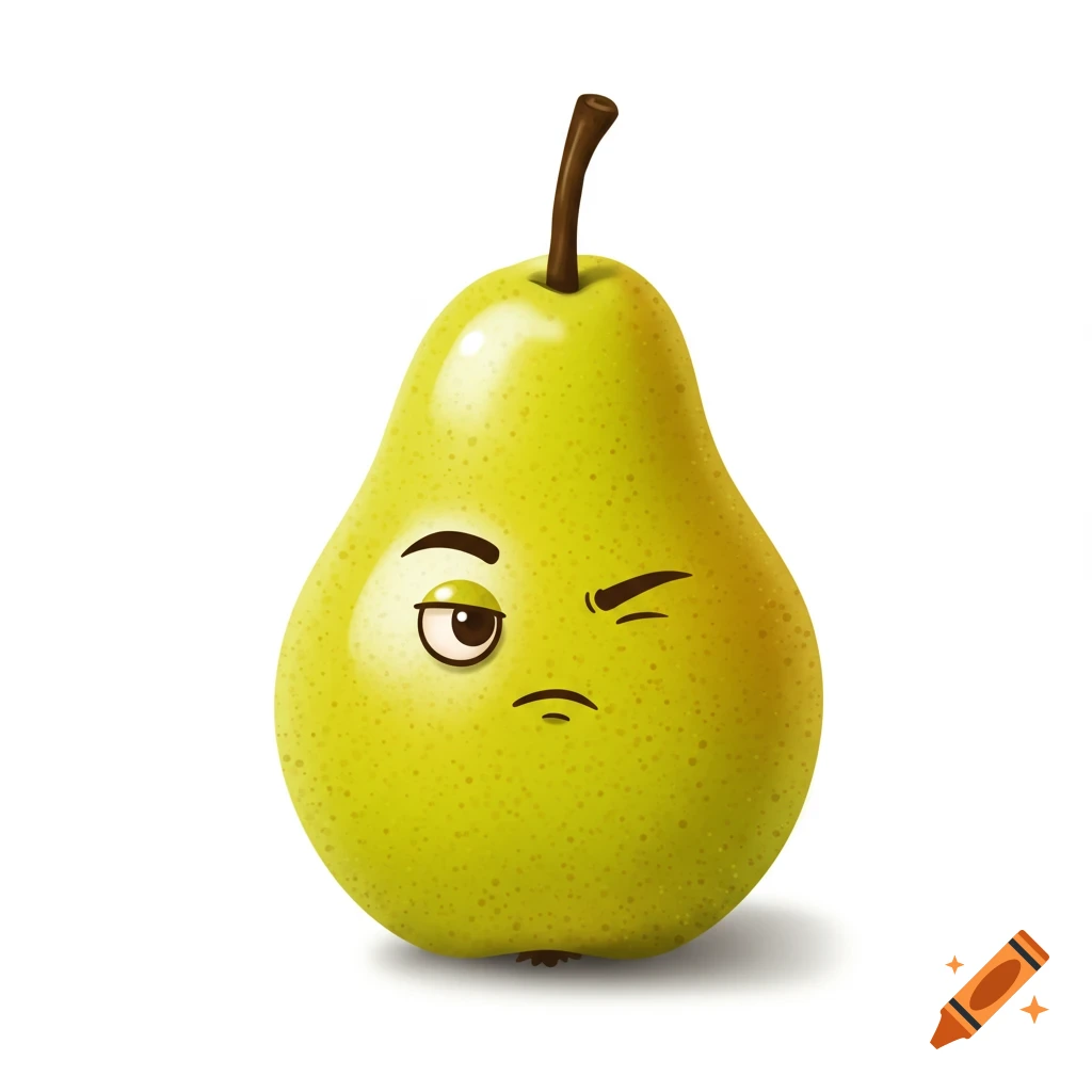 A cartoon green pear with a skeptical face, one eyebrow raised and one eye winking, on a white background.