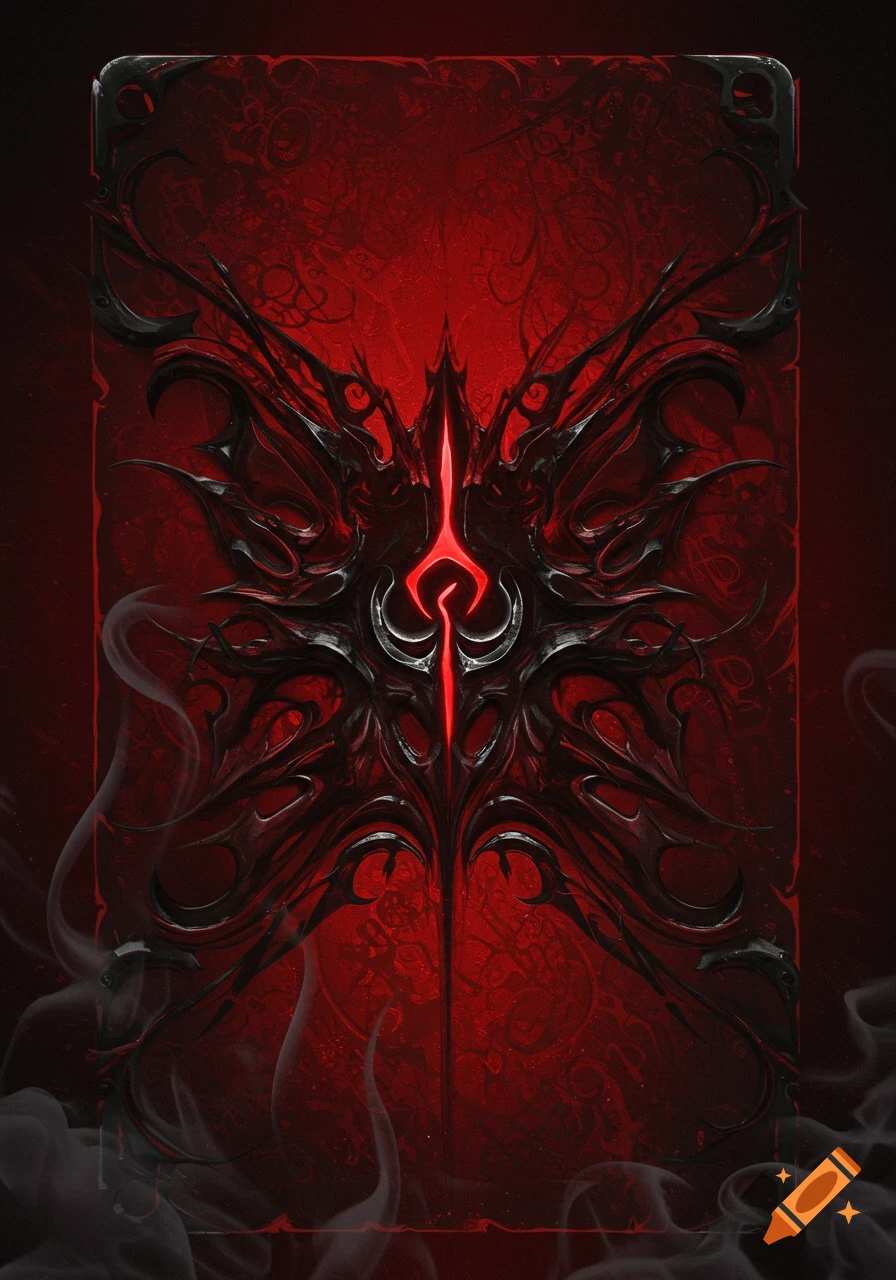 Ornate dark red card background with a central glowing red symbol and gothic black tendril patterns.