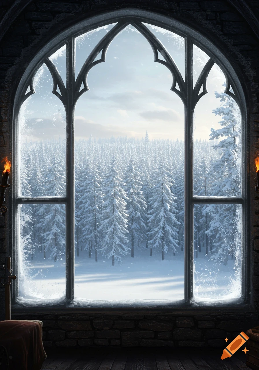 View from a Gothic castle window onto a vast snow-covered forest under a clear winter sky.