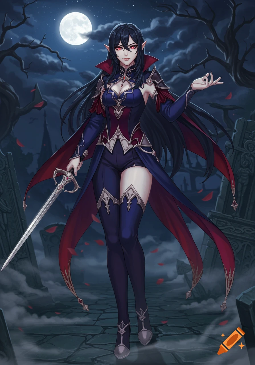 Full-body anime-style female vampire with black hair and red eyes holding a sword in a moonlit graveyard.