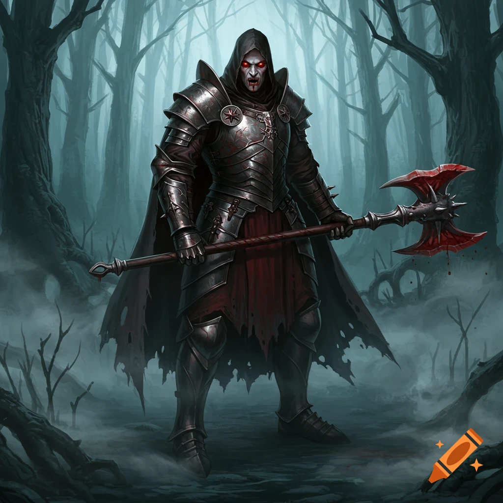 A hooded vampire warrior in ornate black armor with red eyes, holding a blood-splattered battle axe in a misty, dead forest.