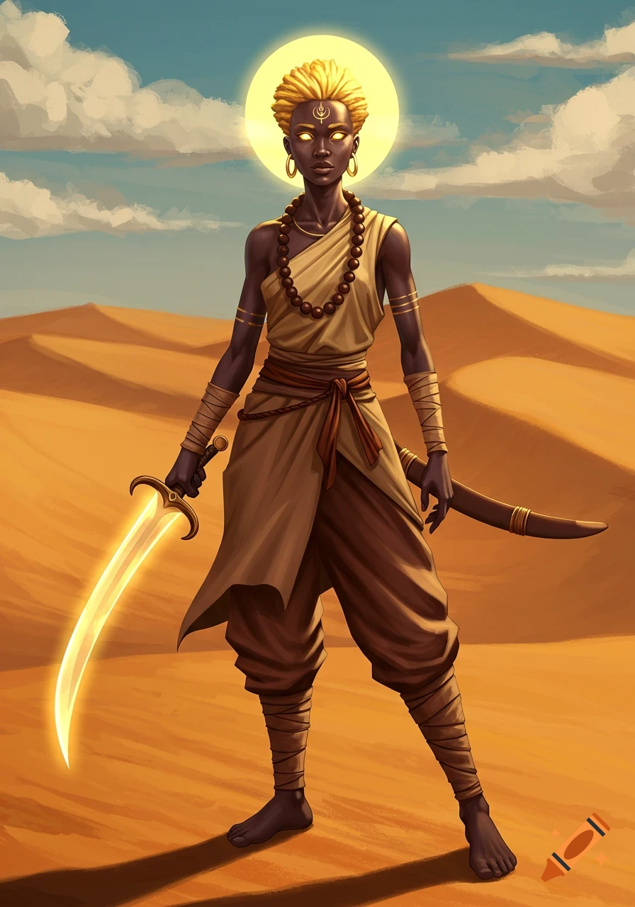 A dark-skinned woman with bright yellow hair, glowing eyes, and a halo stands in a desert holding a glowing scimitar, wearing monk-style clothes.