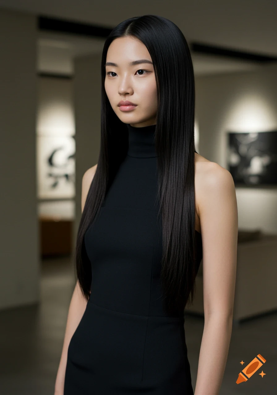 A young woman with long, straight black hair wearing a form-fitting black sleeveless turtleneck dress in an indoor setting.
