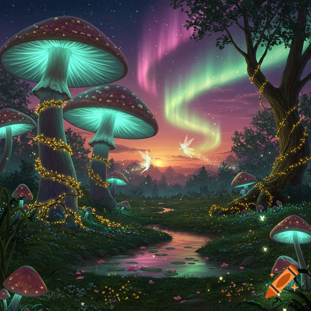 A vibrant fantasy forest at dusk with glowing mushrooms, a winding stream, two flying fairies, and a colorful aurora borealis in the sky.