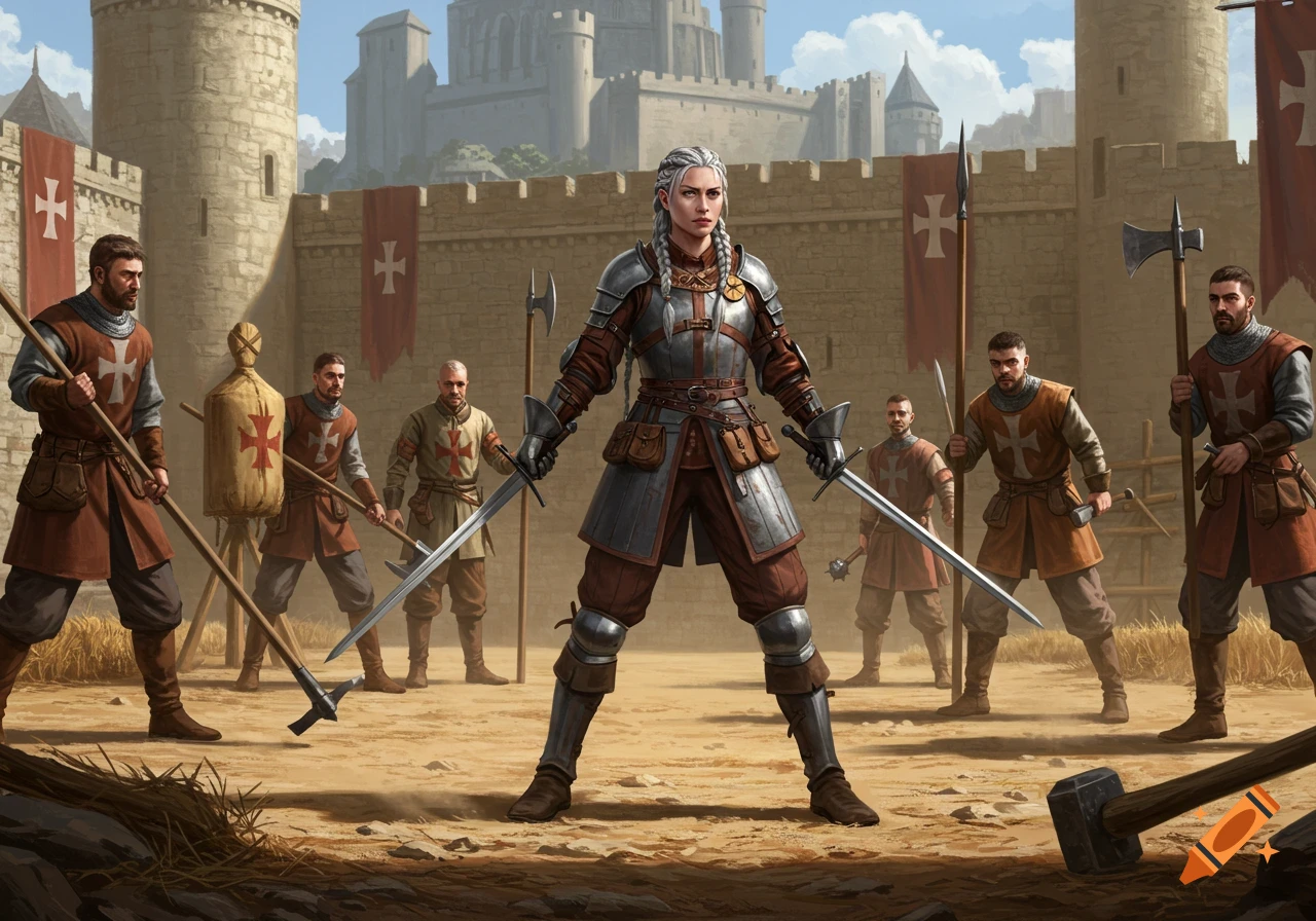 A female knight in steel and leather armor stands with two swords, facing male soldier recruits on a sandy castle training ground under a blue sky.