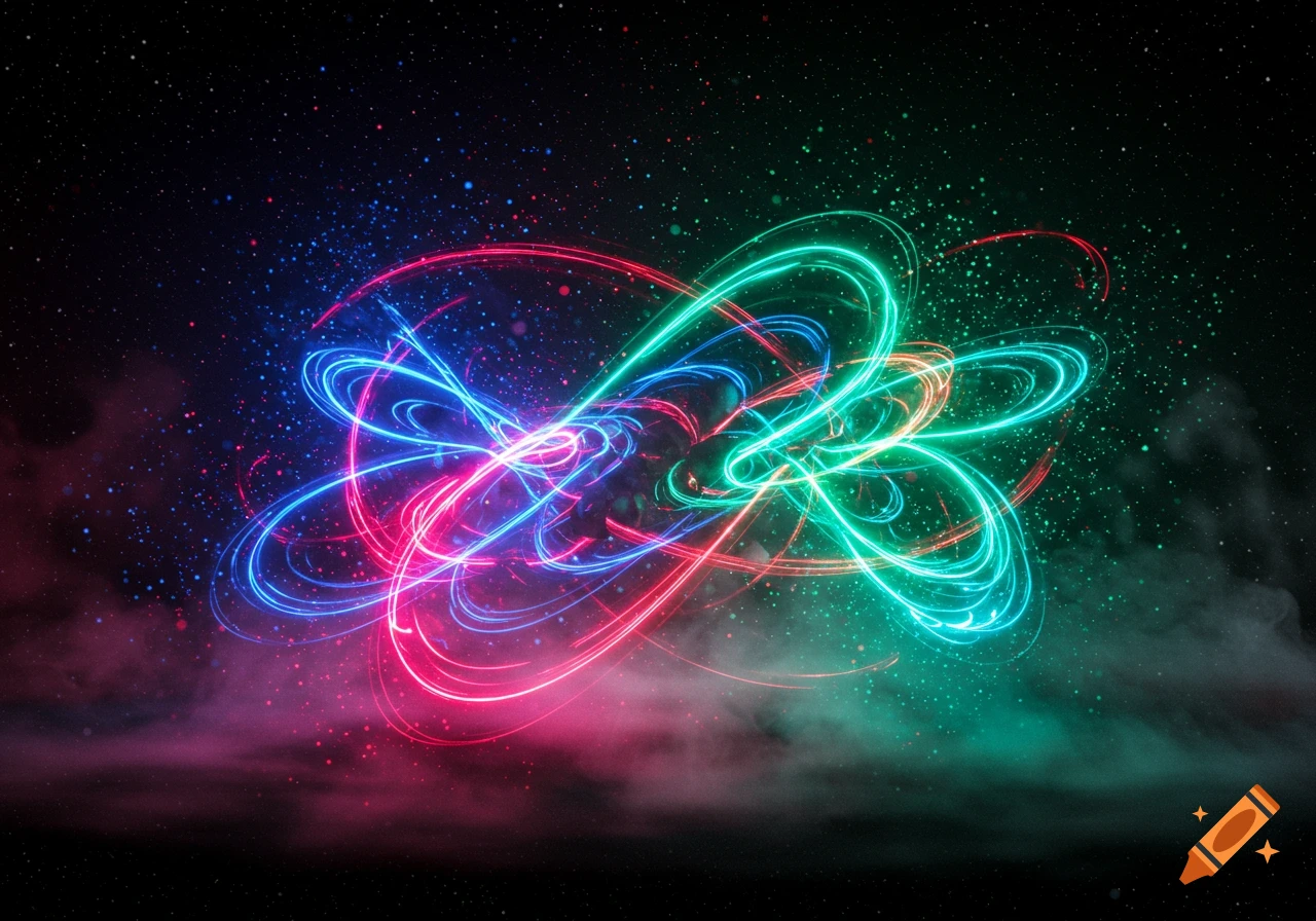 Intertwined glowing neon light trails in blue, pink, and green against a starry dark background with colorful smoke.