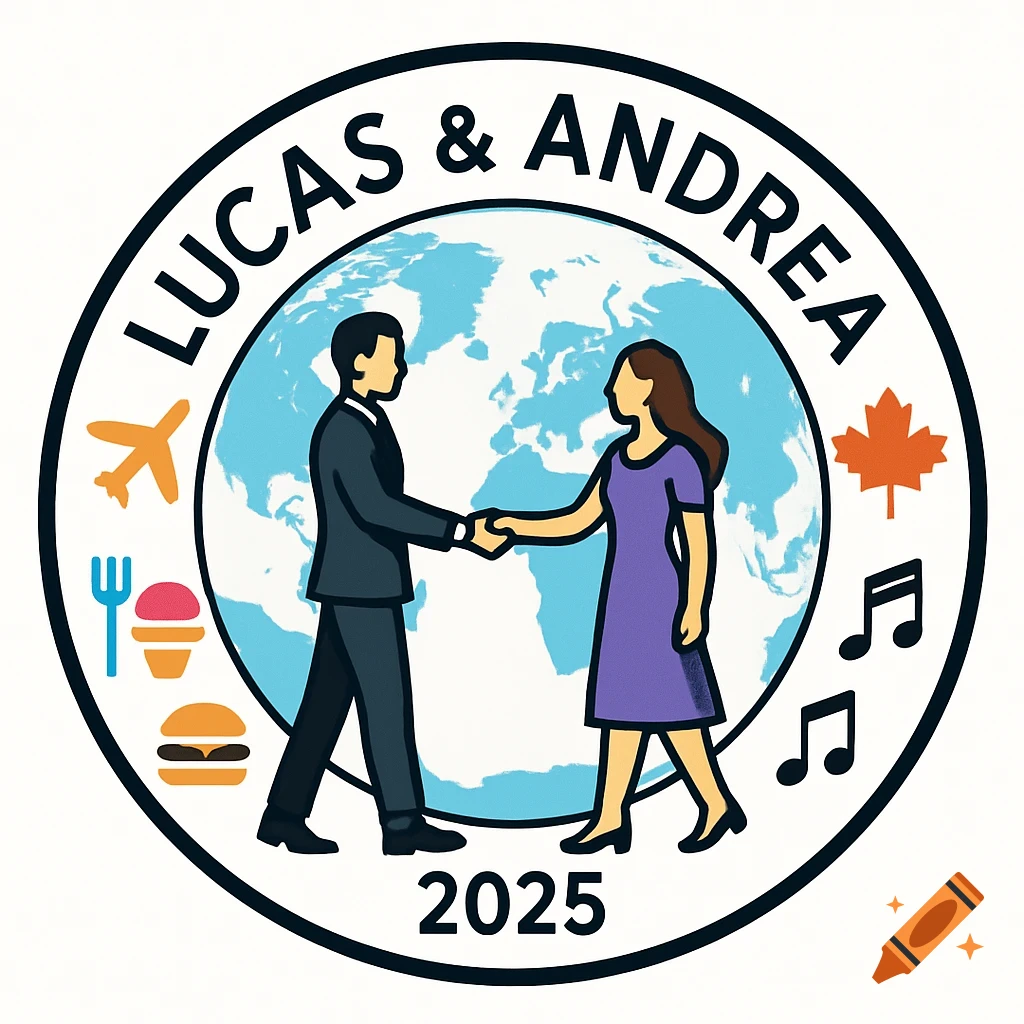 A circular logo featuring a couple shaking hands over a world map, with icons for travel, food, and music, and text 'LUCAS & ANDREA 2025'.