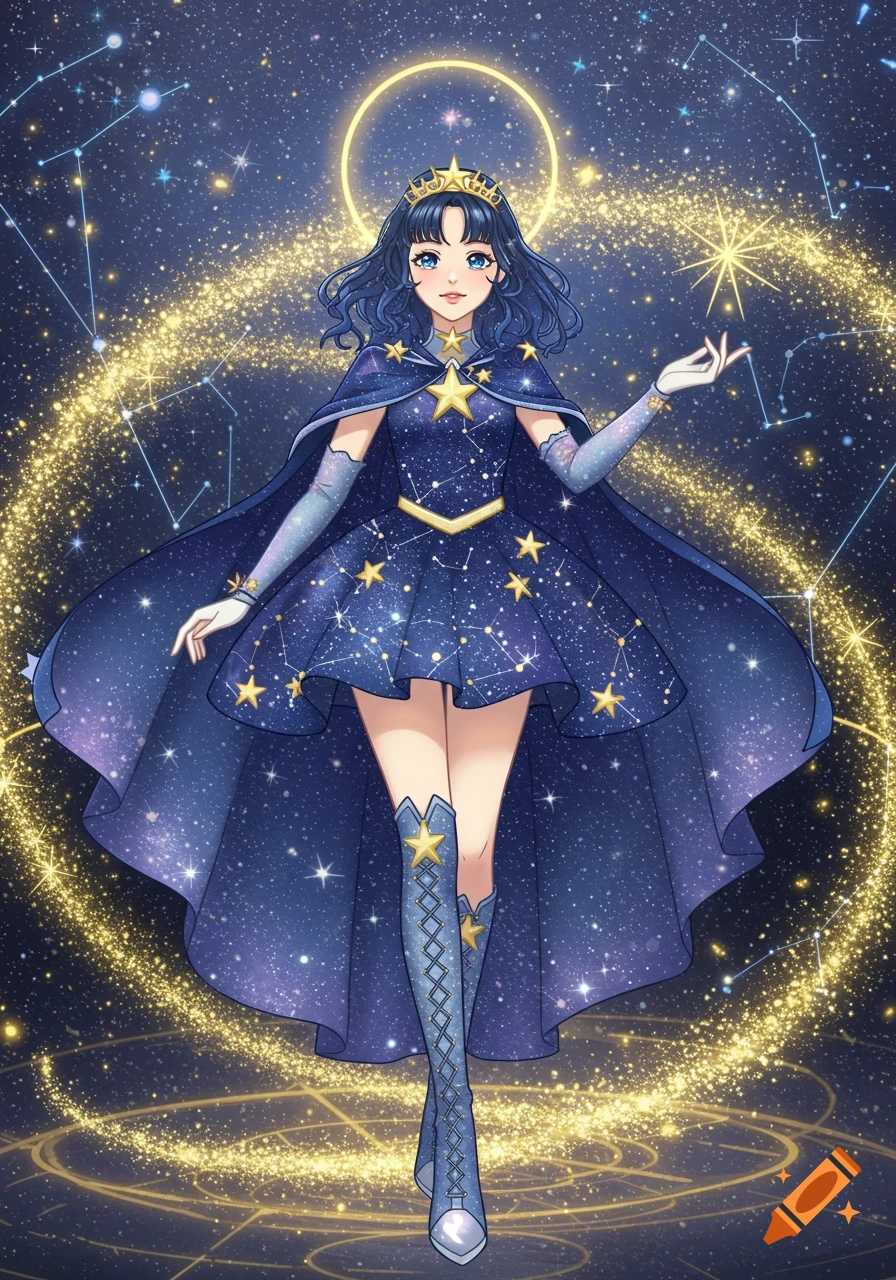 Anime magical girl in a blue, star-patterned dress, cape, and crown, standing in a starry night sky with golden glowing constellations.