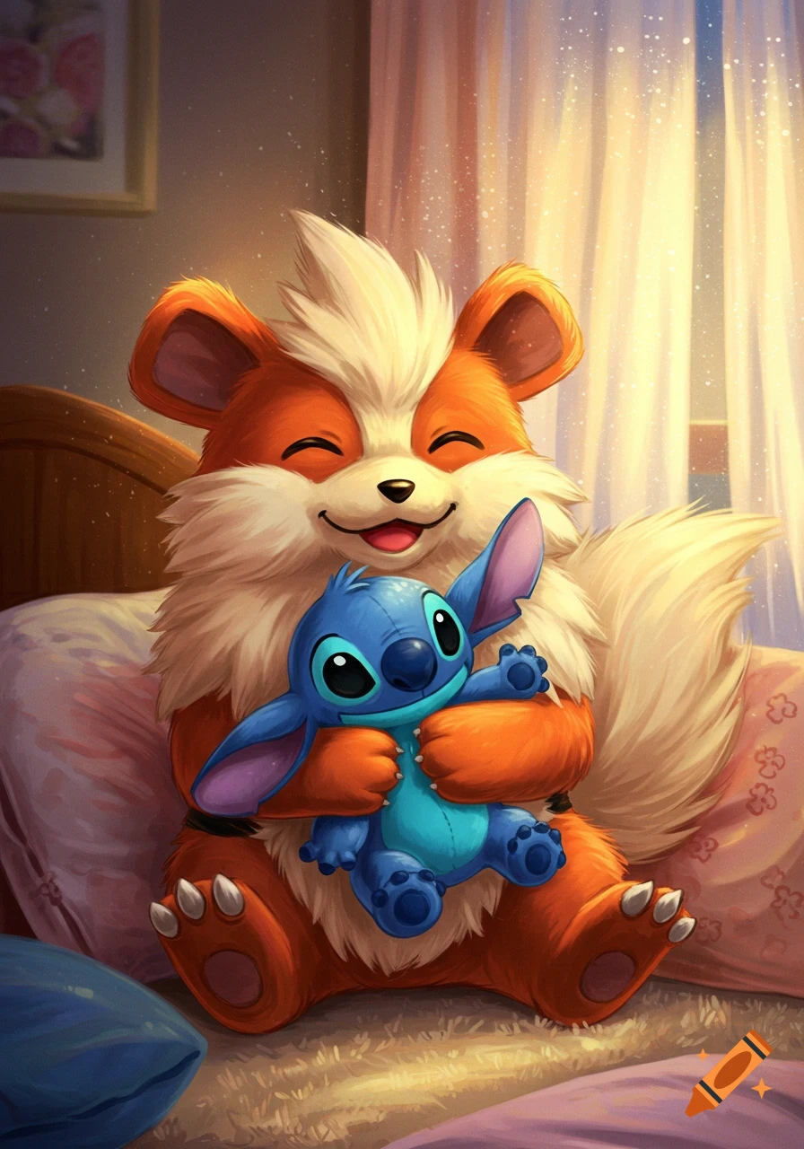 A cute, fluffy orange and white Growlithe happily hugs a blue Stitch plushie on a bed in a warm, glowing room, cartoon style.