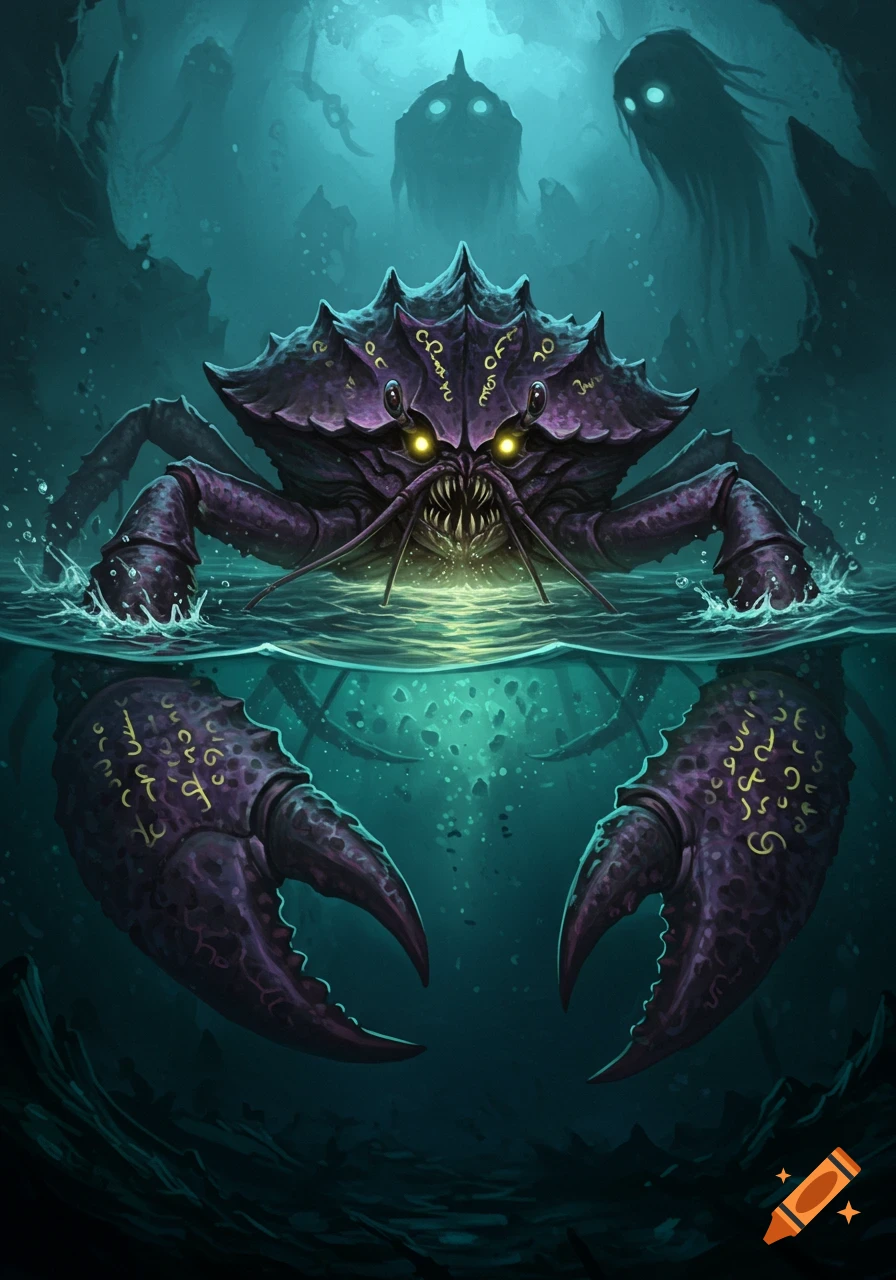 Large, purple, monstrous crab with glowing yellow eyes and sharp teeth emerges from dark water. Shadowy figures in the deep background. Digital art.