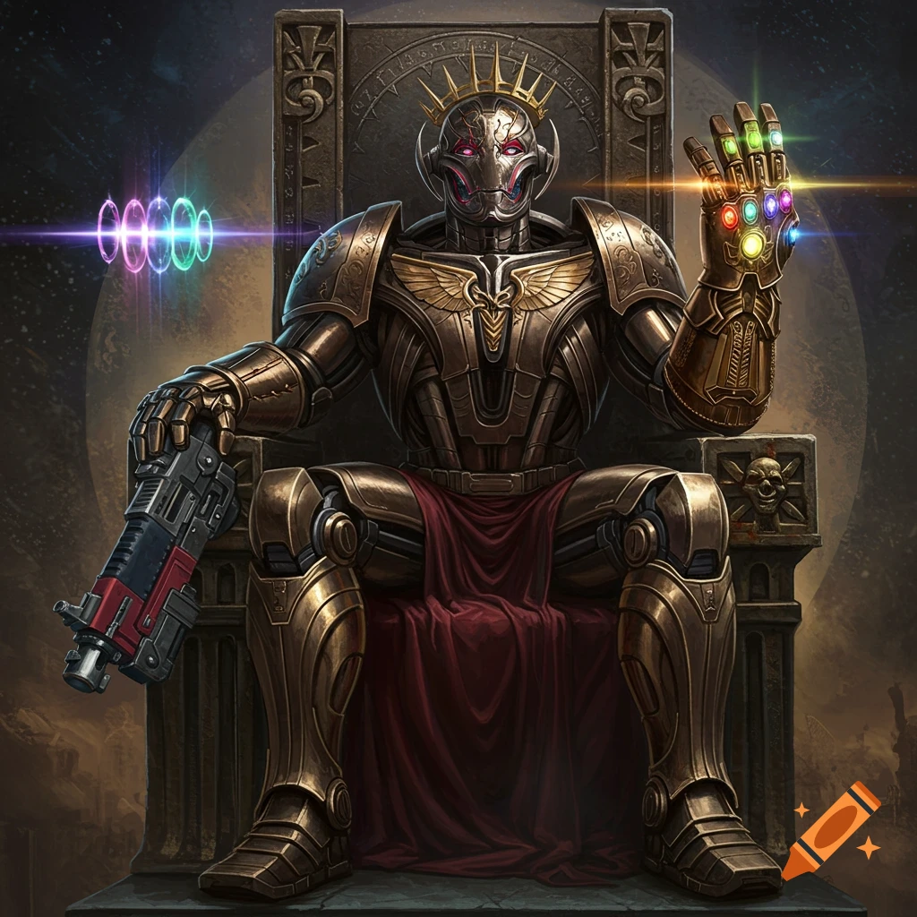 A golden armored robot, resembling Ultron with a crown and red cape, sits on a dark throne holding a sci-fi gun and the glowing Infinity Gauntlet, against a cosmic background.