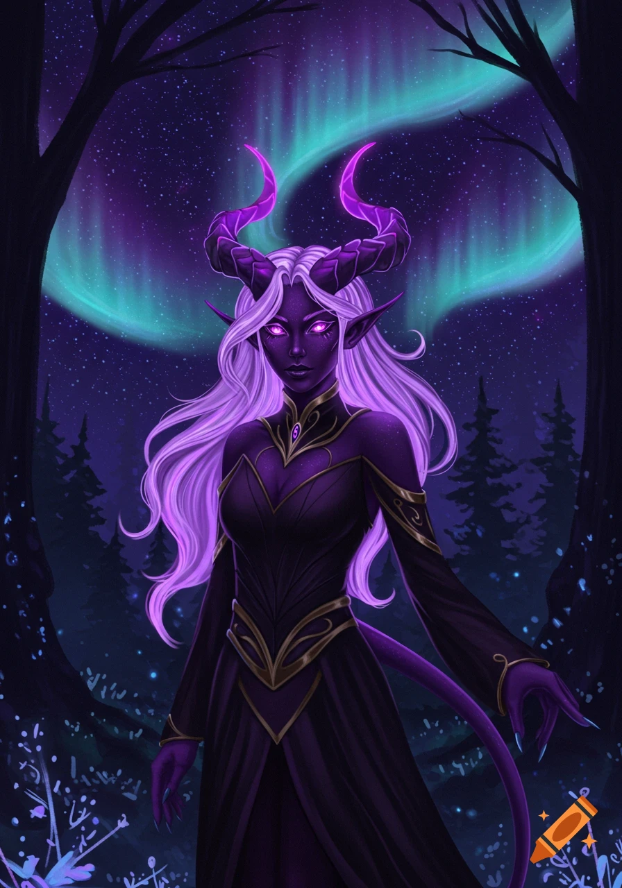 Purple-skinned female tiefling with white hair, neon purple horns, glowing eyes, in a dark forest under a vibrant aurora, digital art.