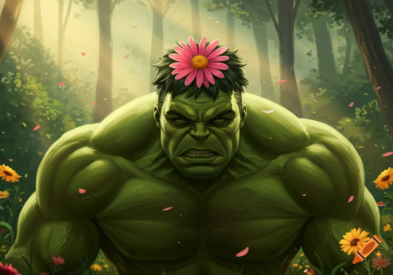 Angry Hulk with a pink flower on his head, surrounded by wildflowers in a sunlit forest, digital illustration.