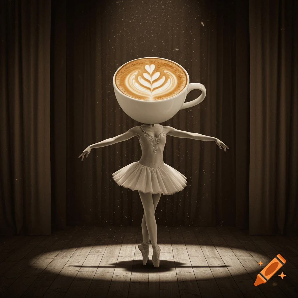 A ballerina with a cappuccino cup for a head stands on a stage in a spotlight.