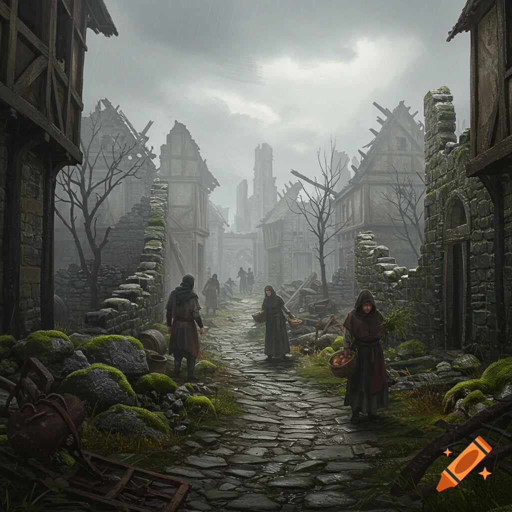 People forage on a gloomy, misty street in a ruined medieval village with mossy rubble and destroyed buildings under a cloudy sky.