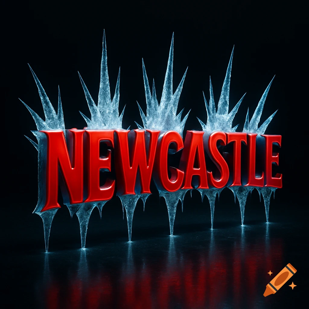 The word NEWCASTLE rendered in shiny red 3D text with jagged icy spikes protruding from above and below, on a dark background.