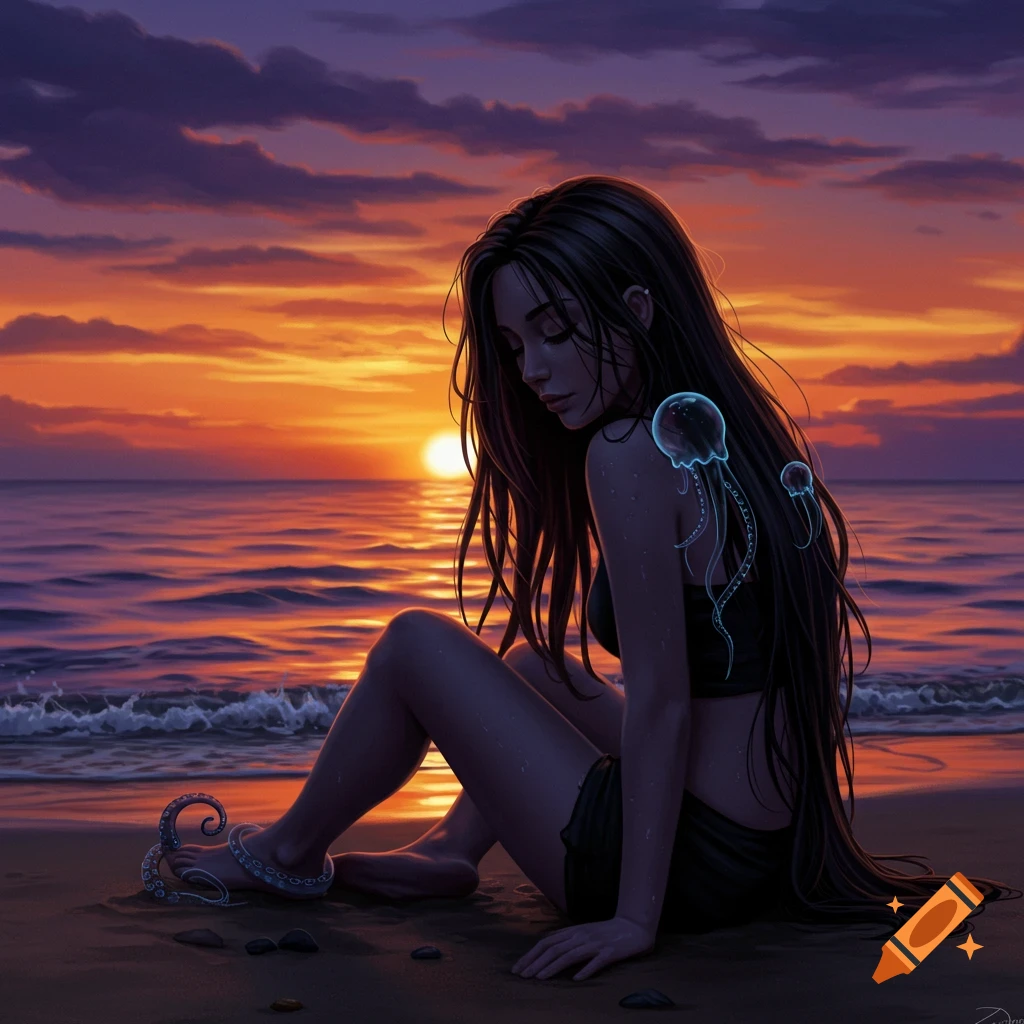 A woman with long dark hair sits on a beach at sunset, with glowing jellyfish on her shoulder and an octopus tentacle anklet. Digital art.