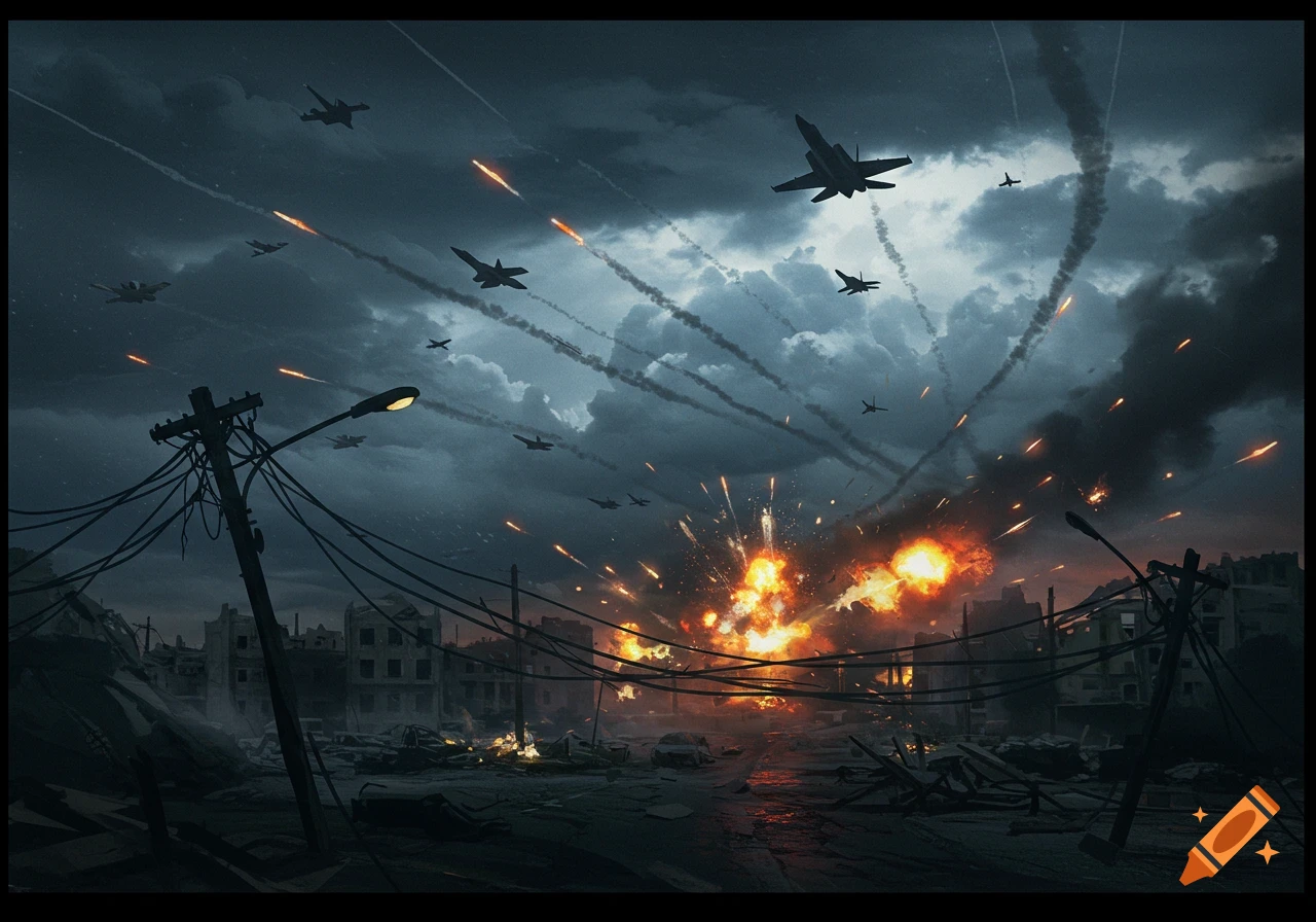 Military jets fly over a destroyed city at night, with multiple explosions illuminating the dark, cloudy sky.