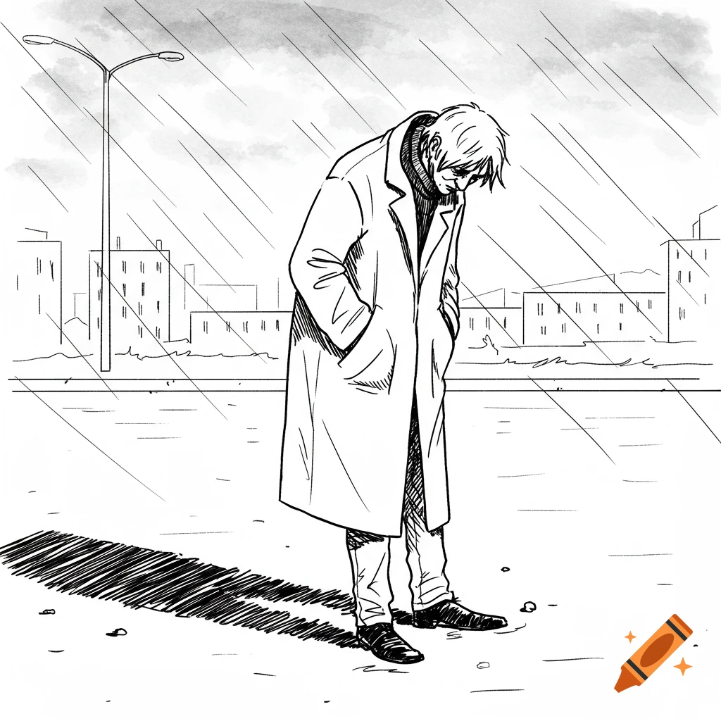 Black and white line art of a person in a coat standing sadly in the rain on an urban street.