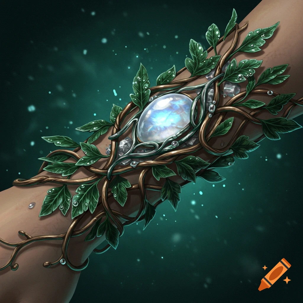 A magical fantasy bracer resembling intertwined vines and leaves with water droplets, featuring a glowing moonstone, on an arm.