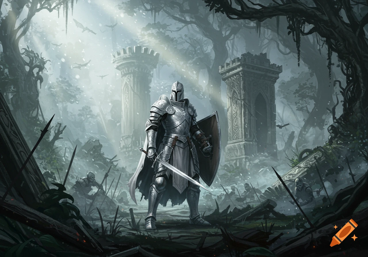 A knight in shining silver armor stands with a sword and shield in a misty, ruined forest with gothic towers and fallen soldiers.