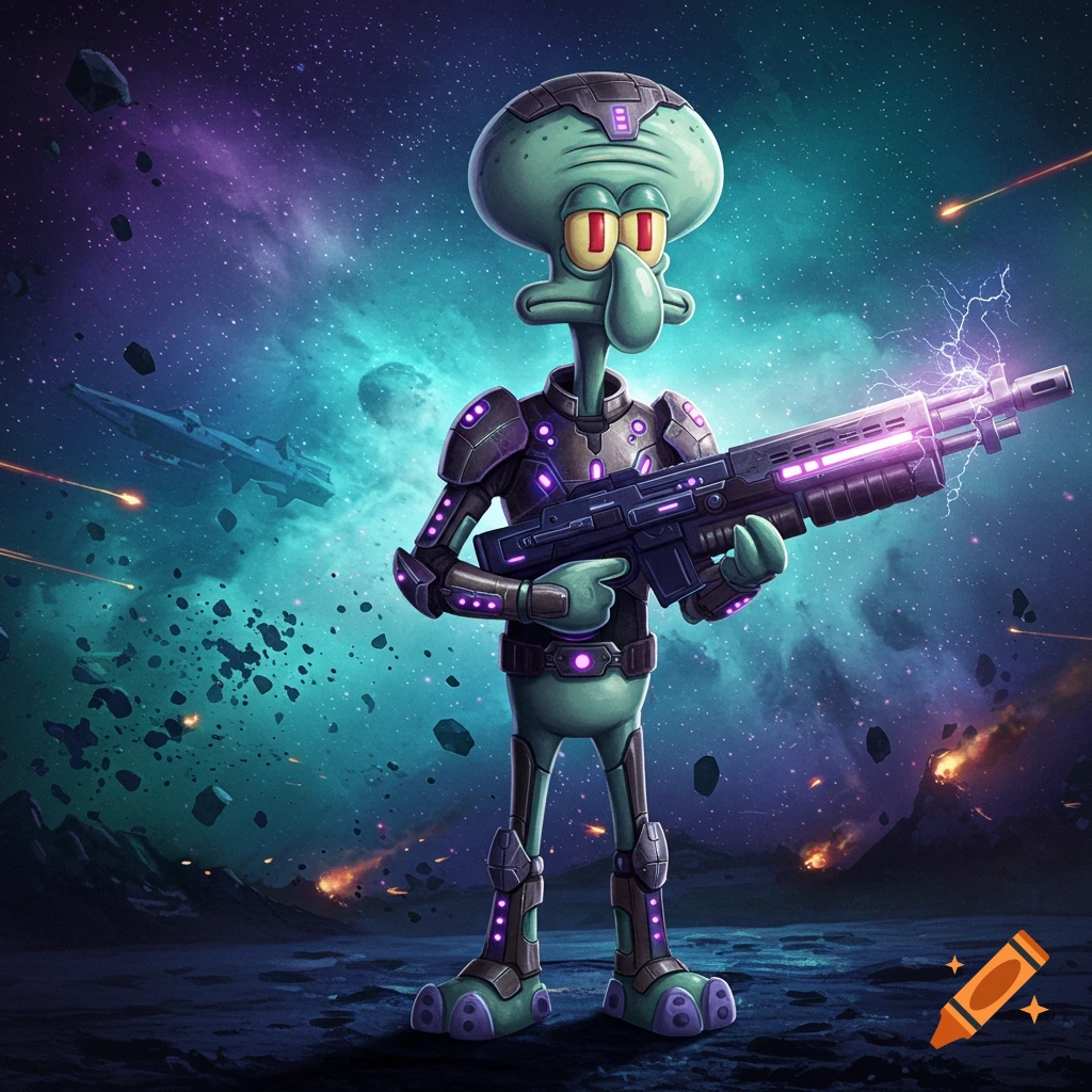 Cartoon Squidward Tentacles as a space marine holding a glowing rifle in vibrant outer space.