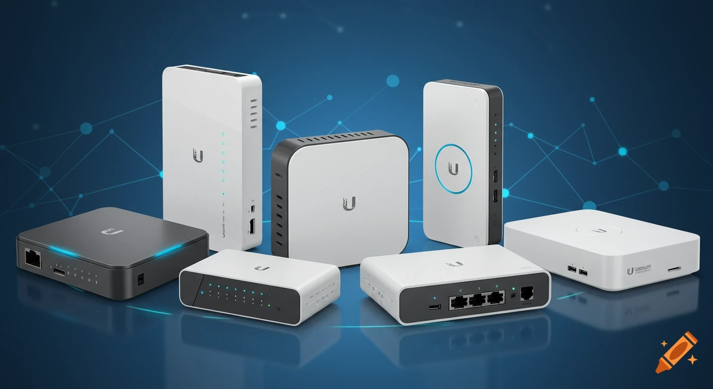 A collection of white and dark grey Ubiquiti Unifi network devices, including gateways, switches, and access points, arranged on a blue background with a subtle network pattern.