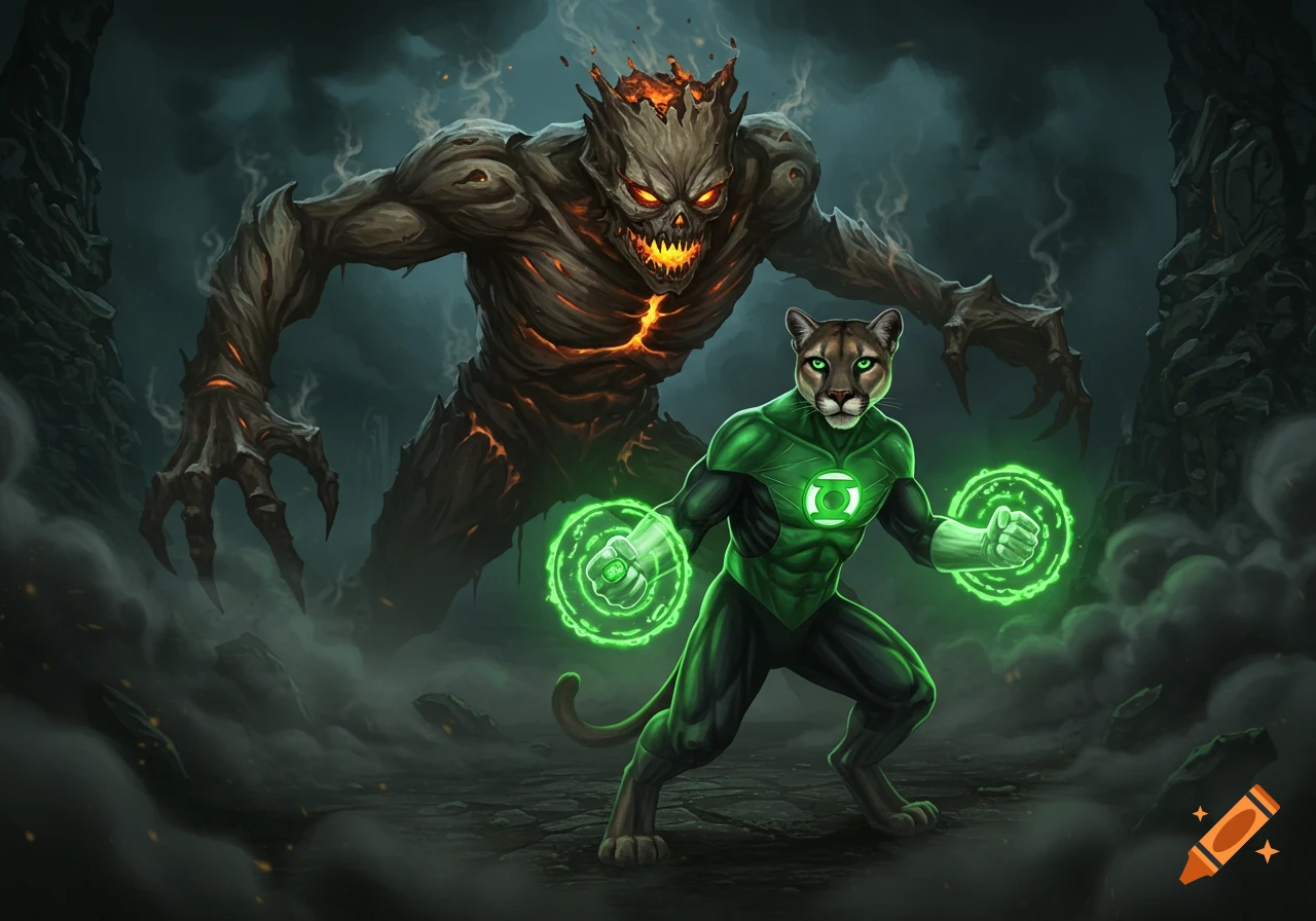 A cougar Green Lantern with glowing green energy rings battles a fiery tree monster in a dark, smoky fantasy setting.