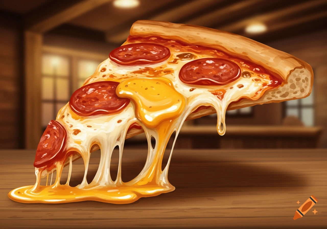 Illustrative pepperoni pizza slice with melting cheese and yellow sauce dripping onto a wooden table.
